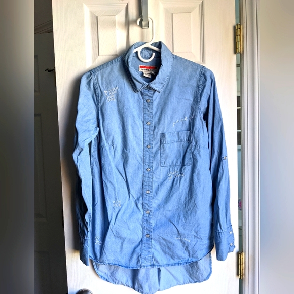 CASTRO JEANS🔥 Denim Chambray Western Button-up Top Embroidered Quotes 6 Euro 38 - Picture 1 of 8